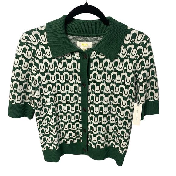 NWT Anthropologie Maeve Kinsley Collared Crop Cardigan Sweater Green Motif Small - Picture 1 of 7